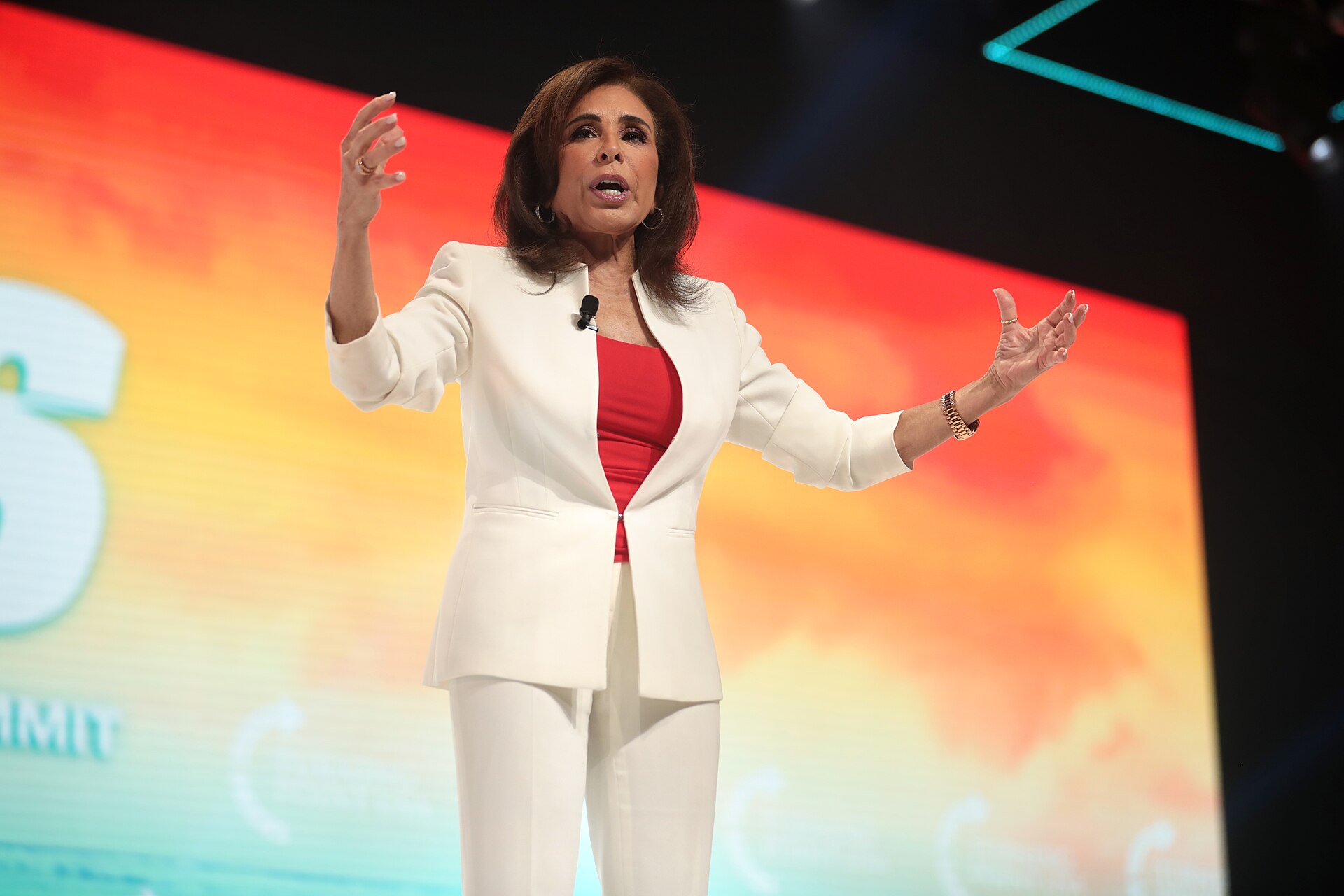 Judge Jeanine Pirro speaking with attendees at the 2021 Student Action Summit hosted by Turning Point USA at the Tampa Convention Center in Tampa, Florida. Please attribute to Gage