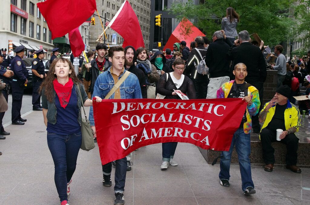 Members of the Democratic Socialists of America march at the Occupy Wall Street protest in New York.